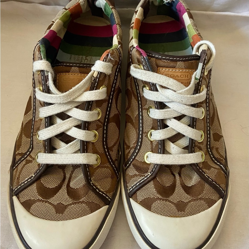 Coach Barrett Brown Signature Jacquard & Leather Lace-Up Sneakers Sz 8.5B - Picture 3 of 7
